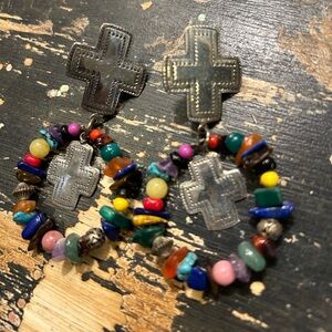 Vintage Taxco Marked Large Sterling Silver Cross Concho Colorful Stone Earrings